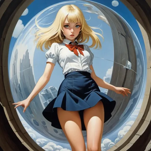 Prompt: Edward Wadsworth, John Tunnard, Zoe Saunders, Maximilian Pirner, Surrealism, wonder, strange, bizarre, fantasy, Sci-fi, Japanese anime, time crystal, mail trumpet, depth and color of space, everything that rises gathers at one point, beautiful blonde miniskirt girl Alice, perfect voluminous body, detailed masterpiece 