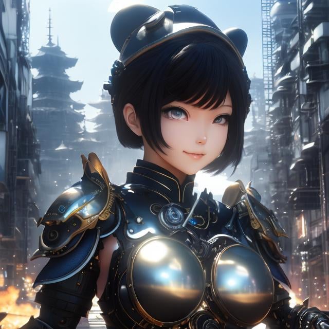 Prompt: Masamune Shirow, Margaret Tarrant, Surreal, mysterious, strange, fantastical, fantasy, Sci-fi, Japanese anime, beautiful girl in an armored swimsuit, short black hair, boyish, looking at viewer perfect voluminous body, ruins, mechanical battlefield, smile, detailed masterpiece 