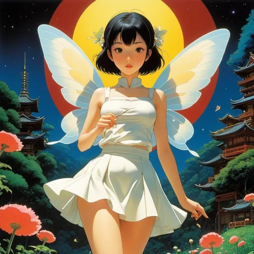 Prompt: Jason Brooks, Satoshi Kon, Katsuya Kondō, Károly Reich, Marcello Dudovich, Surrealism Mysterious Weird Fantastic Fantasy Sci-Fi, Japanese Anime, Miniskirt Beautiful Girl Fairy Tale Writer's Study, perfect voluminous body, From Children's Land, fun happy, detailed masterpiece 