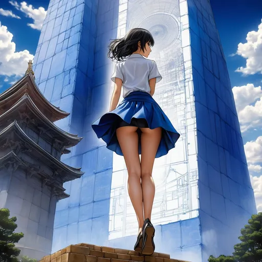 Prompt: Adolfo Hohenstein, Toriko Chiya, Surreal, mysterious, bizarre, fantastical, fantasy, Sci-fi, Japanese anime, blueprint of the Tower of Babel, blueprint, perspective, perspective, cross-section, developed view, reaching all the way to the sky.A miniskirt beautiful girl researcher examines the blueprint, detailed masterpiece perfect voluminous body