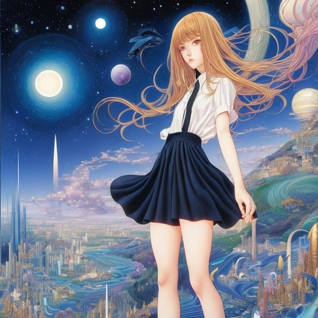 Prompt: George Pérez, Brian Michael Bendis, Kay Nielsen, Surreal, mysterious, strange, fantastical, fantasy, Sci-fi, Japanese anime, mission [Space x Art] Beyond cosmology, beautiful high school girl in miniskirt, perfect voluminous body, short hair boyish cute face, detailed masterpiece 