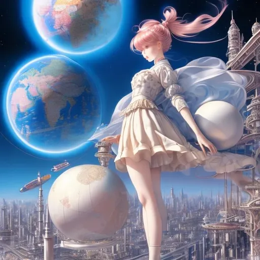 Prompt: Margaret Tarrant, katsuhiro Otomo, Japanese anime, surreal mysterious strange bizarre fantasy sci-fi, perpetual motion machine, architecture on paper, perspective view, cross-section, perfect voluminous body girl Alice, rocket, celestial globe, detailed, high resolution definition quality masterpiece 