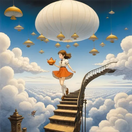 Prompt: Maurice Sendak, Kevin O'Neill, Surreal, mysterious, strange, fantastical, fantasy, sci-fi, Japanese anime, a teapot floating in the air, a beautiful girl in a miniskirt climbing the stairs above the clouds, perfect voluminous body, a flying octopus, detailed masterpiece low high angles perspectives 