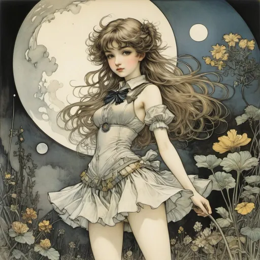 Prompt: Arthur Rackham, Claude Ponti, Surreal, mysterious, strange, fantastic, fantasy, Sci-fi, Japanese anime, night natural history encyclopedia, glass animals, plants of parallel worlds, miniskirt beautiful girl who compiles the encyclopedia, perfect voluminous body, detailed masterpiece 