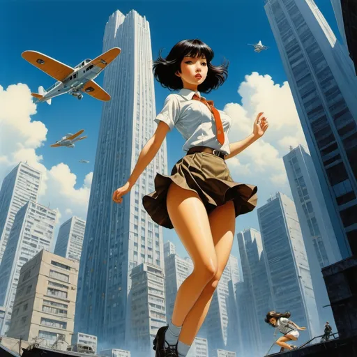 Prompt: Naoyuki Kato, dan mcpharlin, Hajime Sorayama, Chris Achilléos, Surrealism, mysterious, strange, bizarre, fantasy, sci-fi, Japanese anime, beautiful flying high school girl in a miniskirt, perfect voluminous body, skyscrapers, chasing a small flying boat between the buildings, detailed masterpiece 