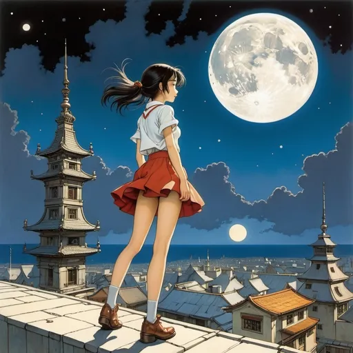 Prompt: Tatsuyuki Tanaka, Fernando Krahn, Winsor McCay, Taiyo Matsumoto, Anton Pieck, Surrealism, Mystery, Weird, Outlandish, Fantasy, Sci-Fi, Japanese Anime, Mainsprings and gears are falling from the broken moon that crashed. A beautiful high school girl in a miniskirt looks down on the moon from the rooftop, perfect voluminous body, detailed low high angles perspectives 