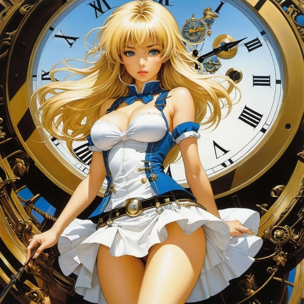 Prompt: Joseph Stella, Masamune Shirow, Surreal, mysterious, strange, fantastical, fantasy, Sci-fi, Japanese anime, clock bird's nest, going back in time, blonde miniskirt beautiful girl Alice, perfect voluminous body, detailed masterpiece 