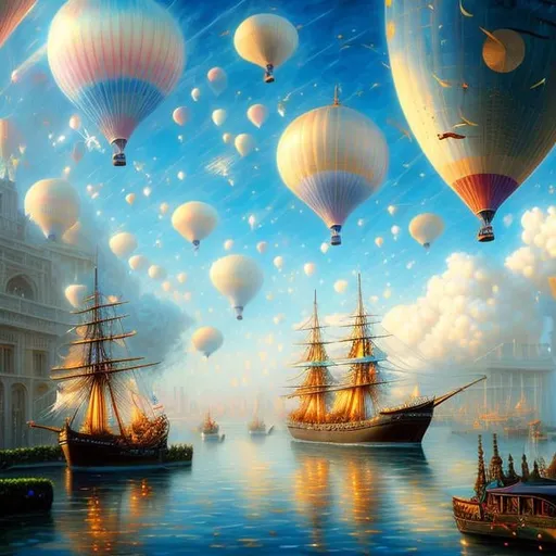 Prompt: John Stephens style, ship floating in air, detailed, semi realistic, people coming down using umbrellas as parachute, surreal fantasy