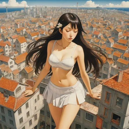 Prompt: Richard Dadd, Maki Sasaki, Surreal, mysterious, strange, fantastical, fantasy, Sci-fi, Japanese anime, Sleeping City, Earth on fire, Shell Ode, Miniskirt Beautiful High School Girl, perfect voluminous body, detailed masterpiece wide angle zoom in 