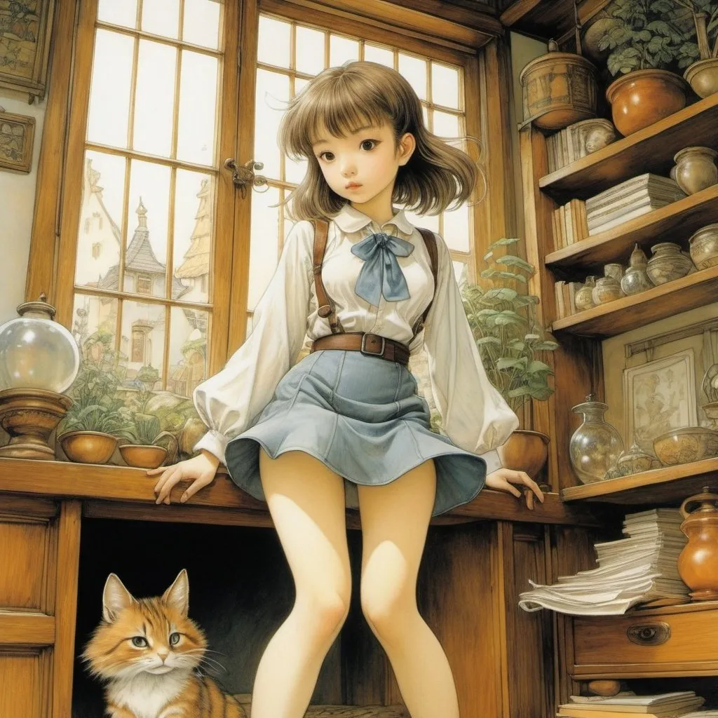 Prompt: Maurice Sendak, Arthur Rackham, Kaori Ozaki, Ludovic Debeurme, Surrealism Mysterious Weird Fantastic Fantasy Sci-Fi, Japanese Anime, Mini Skirt Beautiful Girl, perfect voluminous body, dynamic action poses, Zashikiwara's House, Lost Room, detailed masterpiece 