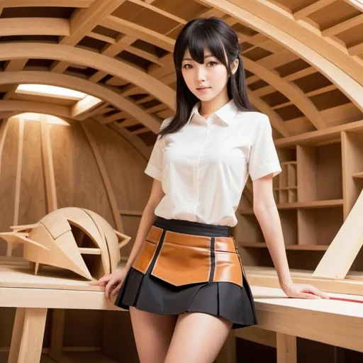 Prompt: Sean Loughrey, Ichigo Takano, Surreal, mysterious, strange, fantastical, fantasy, Sci-fi, Japanese anime, DIY wooden spaceship under construction, beautiful carpenter in miniskirt, perfect voluminous body, detailed masterpiece 