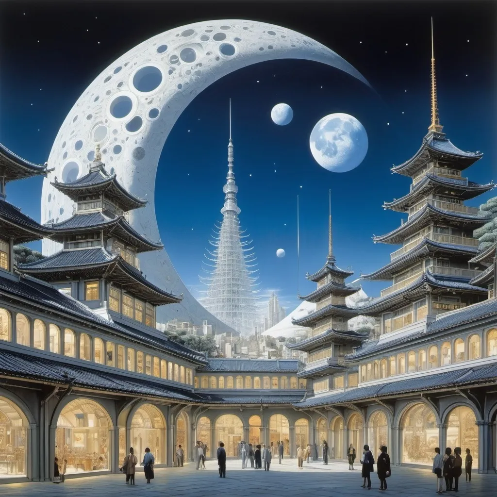 Prompt: Hajime Sorayama, Naoyuki Kato, Duilio Cambellotti, Fabrizio Clerici, Giovanni Omiccioli, Surrealism, wonder, strange, fantastical, fantasy, Sci-fi, Japanese anime, moon with concentric structure, architectural model of a museum city, blueprints, cross-sections, optical telescope of a miniskirt astronomical beautiful girl, perfect voluminous body, detailed masterpiece 