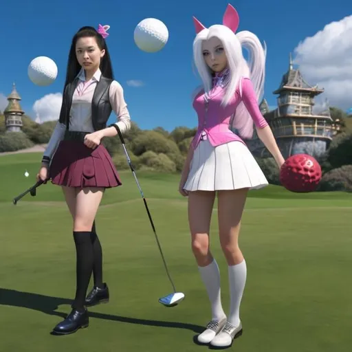 Prompt: A E Jackson, Nick Hewetson, Lola Anglada, Surreal, mysterious, bizarre, fantastical, fantasy, Sci-fi Japanese anime, beautiful blonde miniskirt girl Alice participates in golf tournament, perfect voluminous body, other players include Queen of Hearts, White Rabbit with vest, and Cheshire cat, Alice. With the swing, the golf ball flies like a bullet and makes a hole-in-one.Everyone is surprised.Alice jumps for joy.Dynamic, festive, blue sky, mushroom forest and castle, detailed masterpie