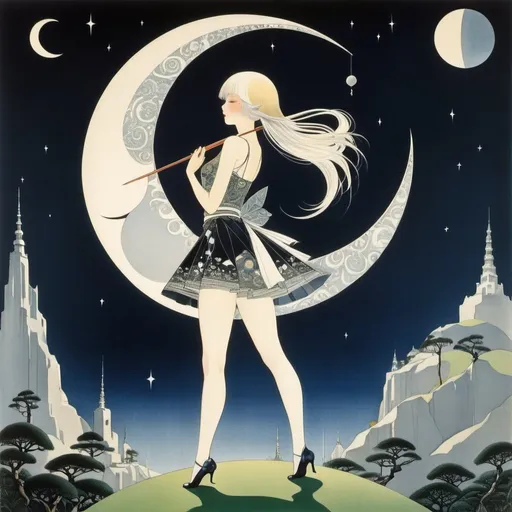 Prompt: Kay Nielsen, Artuš Scheiner, Surreal, mysterious, bizarre, fantastical, fantasy, Sci-fi, Japanese anime, crescent moon in the afternoon, origami utopia, miniskirt girl, perfect voluminous body, detailed masterpiece 