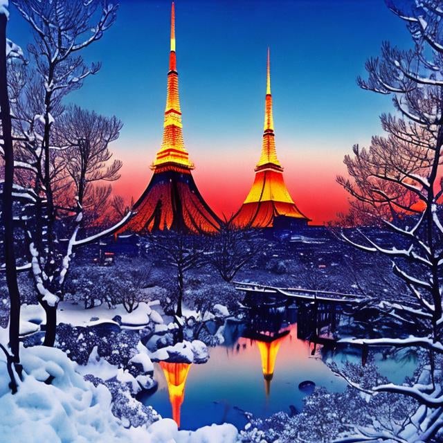 Prompt: Harry Clarke, Paul Berthon, Surreal, mysterious, strange, fantastical, Japanese anime, Tokyo Tower, warm winter, beautiful snow girl is in trouble, perfect voluminous body, tea at a mountain cafe, detailed masterpiece 