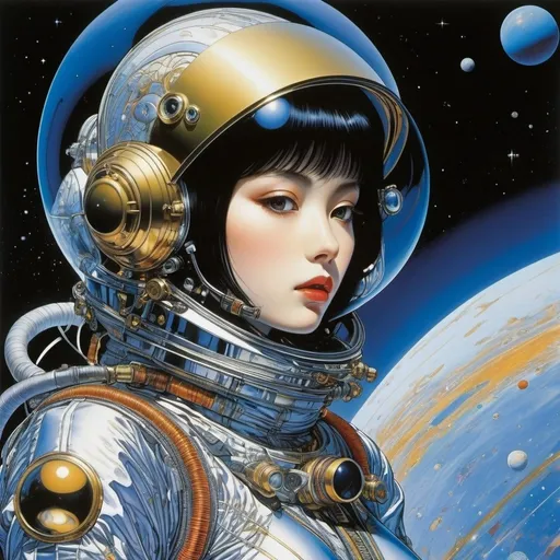 Prompt: Harry Clarke, Hajime Sorayama, Naoyuki Kato, Masamune Shirow, Alicia Austin, Surrealism, wonder, strange, fantastical, fantasy, Sci-fi, Japanese anime, philosophical essay on the orbits of planets, outer space moving under the force of gravity, beautiful girl in a space suit, perfect voluminous body, detailed masterpiece 