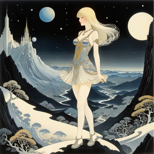 Prompt: Frank Brunner, Kay Nielsen, Rick Berry, Surrealism, wonder, strange, bizarre, fantasy, Sci-fi, Japanese anime, shape of the night, books are dark toys, pictorial pilgrimage, Creation map, Go cosmology, from Genesis to information space, universe of creativity, miniskirt beautiful girl, perfect voluminous body, detailed masterpiece 
