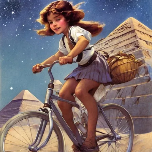 Prompt: Jessie Willcox Smith, Sulamith Wülfing, animesque　wondrous　strange　Whimsical　Sci-Fi Fantasy　Minis schoolgirl climbing the pyramids of Giza on a bicycle　a beauty girl　solo girl a moon　Milky Way　spacecraft, perfect body, shirt unbuttoned sweating high resolution masterpiece hyper detailed close up to girl