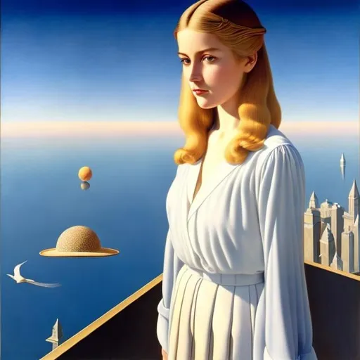 Prompt: Charles Robinson, Rene Magritte, Surreal, mysterious, bizarre, fantastical, fantasy, Sci-fi, Japanese anime, glass house, transmission, reflection, refraction, spectrum, see through, 3D perspective, perspective, colored pencil drawing, bird's eye view, zoom in, blonde miniskirt beautiful girl Alice, perfect voluminous body, detailed masterpiece perspectives angles views