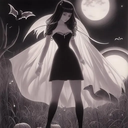 Prompt: Charles Robinson, Tarsila Krüse, Surreal, mysterious, strange, fantastical, fantasy, Sci-fi, Japanese anime, crescent moon at dusk on Halloween, trick or treat, miniskirt beautiful high school girl, perfect voluminous body, taming a dragon, detailed masterpiece 