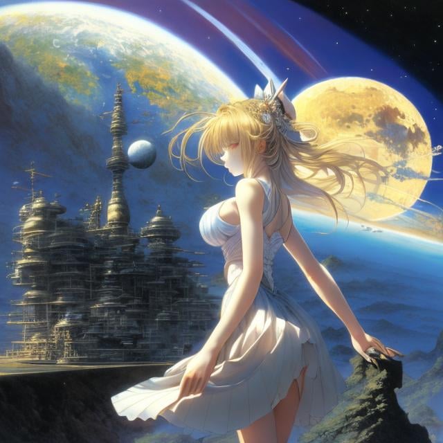 Prompt: Yoshitaka Amano, Bernard Sleigh, Surreal, mysterious, strange, fantastical, fantasy, sci-fi, Japanese anime, cross section of the sun, perspective view of the earth, developed view of the moon, miniskirt beautiful girl, perfect voluminous body, detailed masterpiece 