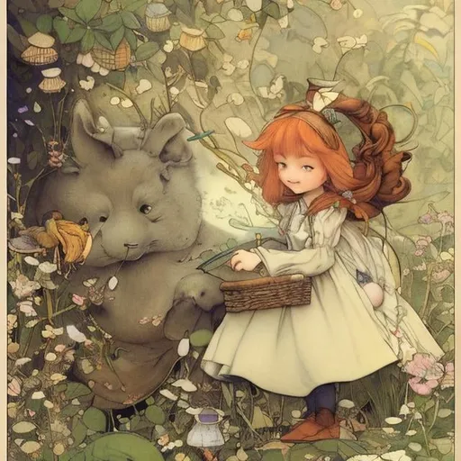 Prompt: Kate Greenaway,  Jessie Willcox Smith, Heikala, Alice in wonderland, hyper detailed, high resolution, high definition, high quality, masterpiece, Japanese anime, manga lines, realistic 
