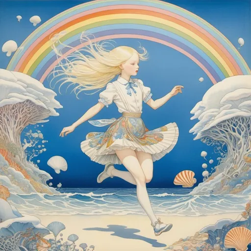 Prompt: Kay Nielsen, James Jean, Surreal, mysterious, strange, fantastic, fantasy, Sci-fi, Japanese anime, beautiful blonde miniskirt girl Alice running on the rainbow, perfect voluminous body, natural history encyclopedia, seashell specimen, detailed masterpiece hand colour drawings 