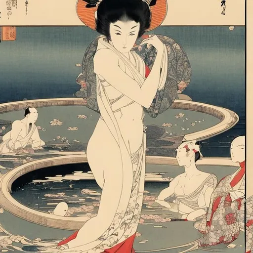 Prompt: Ukiyo-e style, Sulamith Wulfing, Charles Robinson,  Japanese anime Sci-Fi Fantasy　beautiful girl, Mars sinking into the bathtub of a public bath　bathhouse hyperdetailed high resolution high definition high quality masterpiece