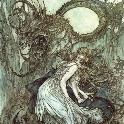 Prompt: Arthur Rackham Anime　surreal　wondrous　strange　Whimsical　absurderes　fanciful　Sci-Fi Fantasy　Black Museum Crescent Moon、Dance with the monster　Beautiful blonde girl in maid clothes