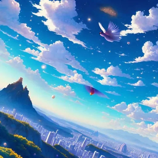 Prompt: Clara Elsene Peck, Shigeru Tamura, Surreal, mysterious, strange, fantastical, fantasy, Sci-fi, Japanese anime, igo microcosm, mountaintop, miniskirt beautiful girl playing against the heavens, perfect voluminous body, detailed masterpiece bird’s eye view