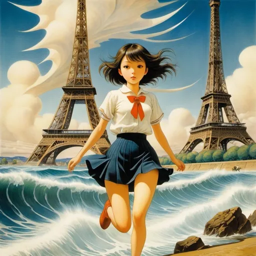 Prompt: Yoshimi Uchida, William Timlin, Kiichi okamoto, Remedios Varo, Yoshitoki Ōima, Surrealism, wonder, strange, fantastical, fantasy, Sci-fi, Japanese anime, beautiful high school girl in a miniskirt running on the waves, perfect voluminous body, the Eiffel Tower in the distance, detailed masterpiece angles perspectives 