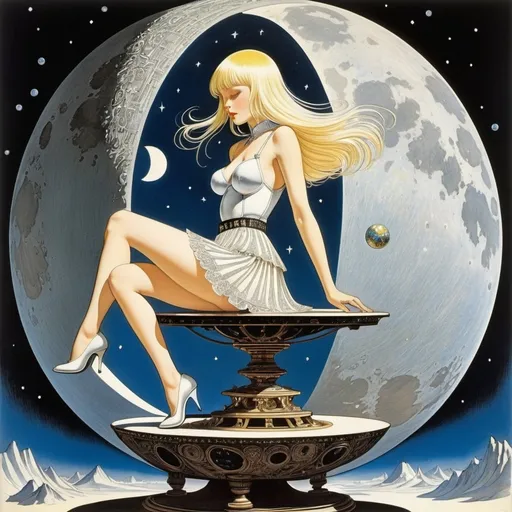 Prompt: Kay Nielsen, Rafael López, Brian Bolland, Albertine, Étienne Delessert, Surrealism, wonder, strange, fantastical, fantasy, Sci-fi, Japanese anime, optical and rolling functions of the sphere, assembling a moon globe, beautiful blonde miniskirt girl Alice, perfect voluminous body, detailed masterpiece 