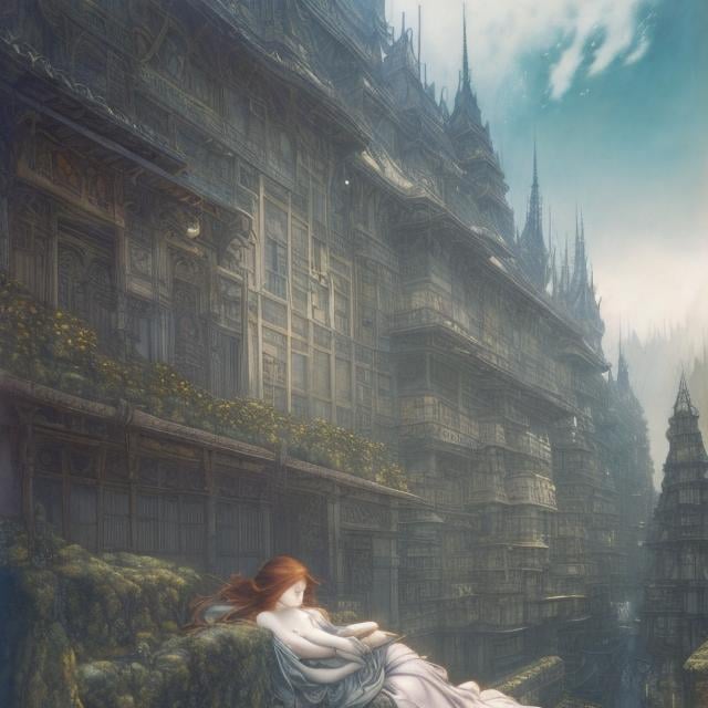 Prompt: Arthur Rackham, Mabel Attwell, James Jean, surreal, mysterious, strange, fantastical, fantasy, Sci-fi, Japanese anime, urban area, a 100-meter-tall giant miniskirt beautiful girl sleeping lying in the valley of a building, perfect body, normal-sized boys climbing on the beautiful girl's clothes and hair, bird's-eye view, hyper detailed masterpiece high resolution definition quality delete of field cinematic lighting 