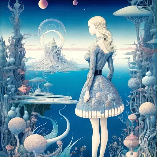 Prompt: Kay Nielsen, James Jean, Surreal, mysterious, bizarre, fantastical, fantasy, Sci-fi, Japanese anime, a transparent giant that breaks through the surface of the earth and rises up. Dreams and daily life, inside and outside, spirit and reality, the adventures of Alice, a beautiful blonde miniskirt girl, detailed masterpiece 