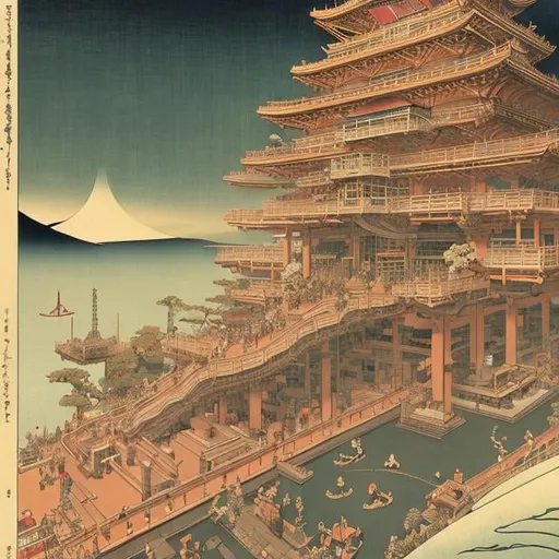 Prompt: Ukiyo-E, Anton Brzezinsk, Jean Giraud, Thomas Crane, library of science, perpetual motion machine, blonde girl, babel, hyperdetailed high resolution high definition high quality masterpiece 