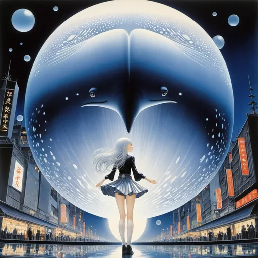 Prompt: Kay Nielsen, Takeo Takei, Surreal, mysterious, strange, fantastical, fantasy, Sci-fi, Japanese anime, silvery morning glow, whale in Shinjuku subcenter, silver-haired miniskirt beautiful girl, perfect voluminous body, sphere myth, detailed masterpiece 