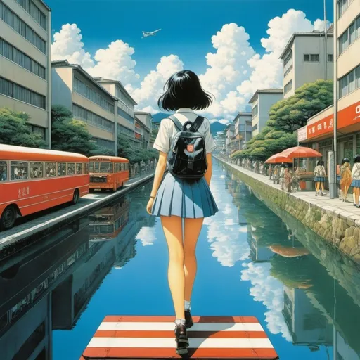 Prompt: Katsuhiro Otomo, Edwin Georgi, Surreal, mysterious, bizarre, fantastical, fantasy, Sci-fi, Japanese anime, art museum library, workshop for extracting the souls of dolls, bus crossing the lake, canals all over the city, beautiful high school girl in miniskirt, perfect voluminous body, detailed masterpiece 