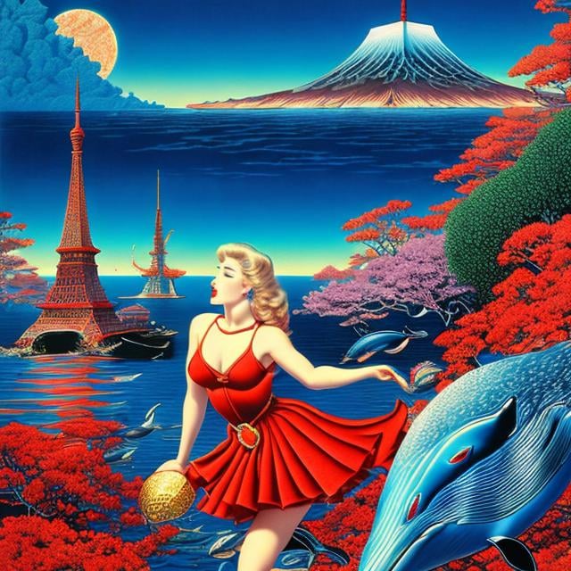 Prompt: Virgil Finlay Full colours, Eduardo Garcia Benito, Surreal, mysterious, strange, fantastical, Japanese anime, Tokyo Tower, diving blue whale, beautiful blonde miniskirt girl Alice is friends with a whale, perfect voluminous body, detailed masterpiece 