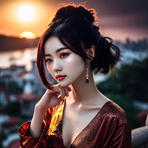 Prompt: Yixin Zeng, A E Marty, Mysterious, surreal, bizarre, fantasy, Sci-fi, Japanese anime, flying bed, short-haired beautiful girl in pajamas, perfect voluminous body, African land, sunrise, detailed masterpiece 