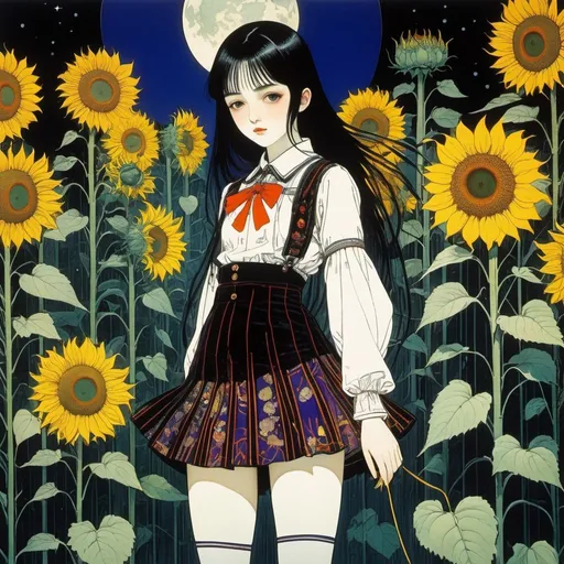 Prompt: Harry Clarke, Joseph Rudolf Witzel, Surreal, mysterious, strange, fantastical, fantasy, Sci-fi, Japanese anime, deja vu at the end of the world, night of sunflowers, beautiful high school girl in miniskirt, perfect voluminous body, detailed masterpiece 