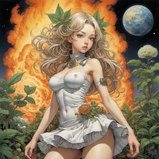 Prompt: Edmund Blampied, Adrienne Segur, Katsuya Terada, yoshitaka Amano, Maja Berezowska, Surrealism, wonder, strange, bizarre, fantasy, Sci-fi, Japanese anime, fire and metal, marriage of chemistry, unity of plants and planets, miniskirt beautiful high school girl's spasilia, perfect voluminous body, detailed masterpiece 