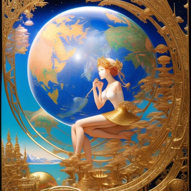 Prompt: Ivan Bilibin, Hajime Sorayama, Surreal, mysterious, strange, fantastical, fantasy, Sci-fi, Japanese anime, spherical pop-up card celestial globe, paper craft, beautiful blonde miniskirt girl who loves crafts, Alice, perfect voluminous body, detailed masterpiece 