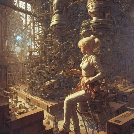 Prompt: Anton Brzezinsk, Jean Giraud, Thomas Crane, library of science, perpetual motion machine, blonde girl, babel, hyperdetailed high resolution high definition high quality masterpiece 