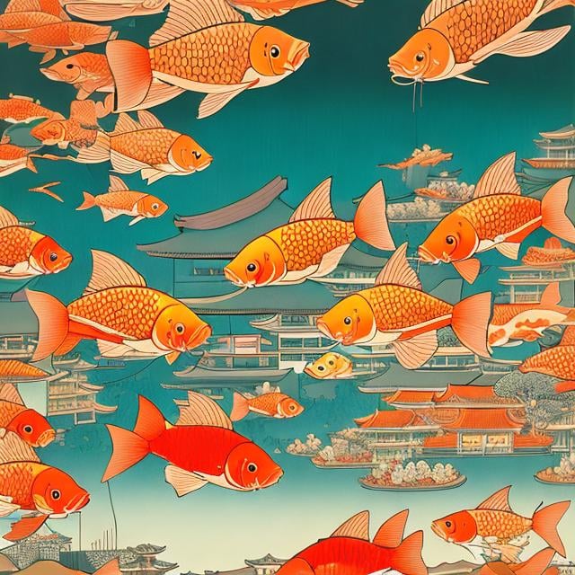 Prompt: Ukiyo-e style Katsuhiro Otomo style, city scape, night, goldfish swimming in the air, detailed, manga lines, high school girl take a walk