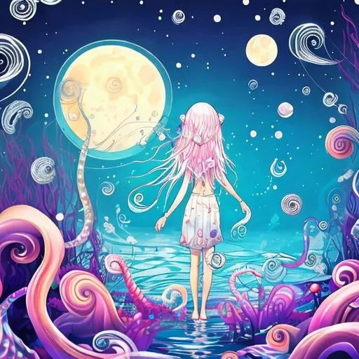 Prompt: Spiral moon, jelly fishes floating, blonde girl taking a walk, 