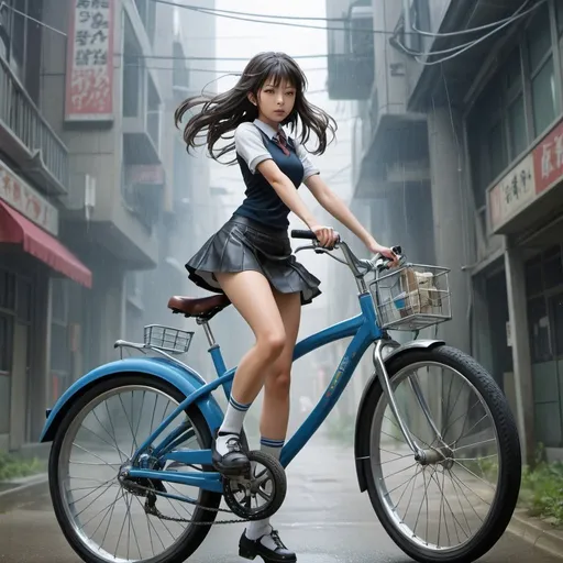 Prompt: Hiroshi Masumura, Floyd Davis, Surreal, mysterious, strange, fantastical, fantasy, sci-fi, Japanese anime, miniskirt beautiful high school girl riding a bicycle-type human-powered time machine, perfect voluminous body, detailed masterpiece dynamic action poses sweating wet 