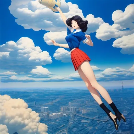 Prompt: Takeo Takei, Joe Jusko, Surreal, mysterious, strange, fantastical, fantasy, Sci-fi, Japanese anime, beautiful high school girl in a miniskirt who gets lost in a huge diorama, perfect voluminous body, SL train model, robot model, departure on the SL, blue sky, clouds, detailed masterpiece