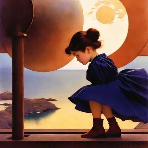 Prompt: Jessie Willcox Smith, M C Escher colour, Surreal, mysterious, strange, fantastical, fantasy, Sci-fi, Japanese anime, pretty and innocent miniskirt fighting girl, perfect voluminous body, Moe, beyond time and space, a piece of the moon, detailed masterpiece depth of field cinematic lighting 