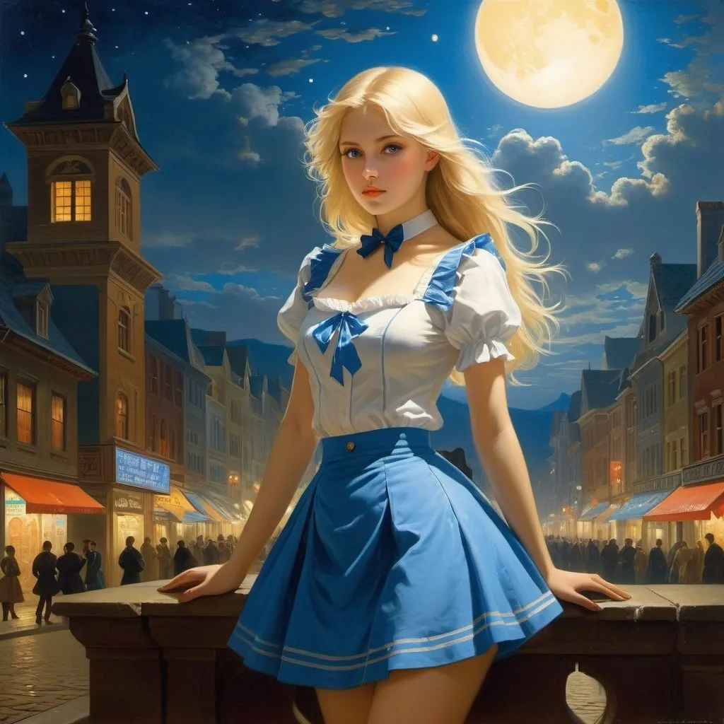 Prompt: Albert Bierstadt, Mikael B, Omar Ba, Surrealism, mysterious, bizarre, fantastical, fantasy, Sci-fi, Japanese anime, electric blonde miniskirt beautiful girl Alice, wearing the clear blue night, perfect voluminous body, traveling through the city of midnight sun, detailed masterpiece 