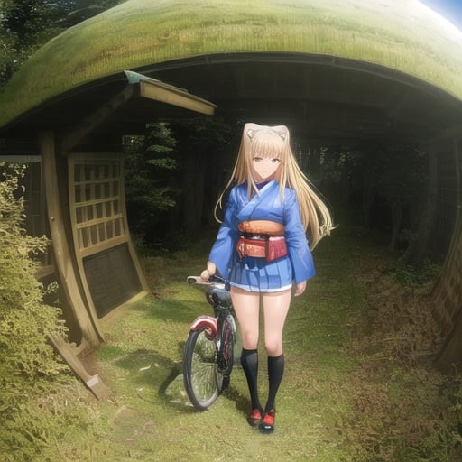 Prompt: Megumi Tachikawa, Jacek Yerka, Surreal, mysterious, strange, fantastical, fantasy, Sci-fi, Japanese anime, blonde miniskirt beautiful girl Alice, bicycle trip between day and night, perfect voluminous body, detailed masterpiece 